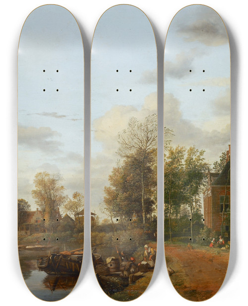 Triptych art skateboard deck of Jan Van Der Heyden Country House On The Vliet Near Delft by Jan van der Heyden (1637-1712)