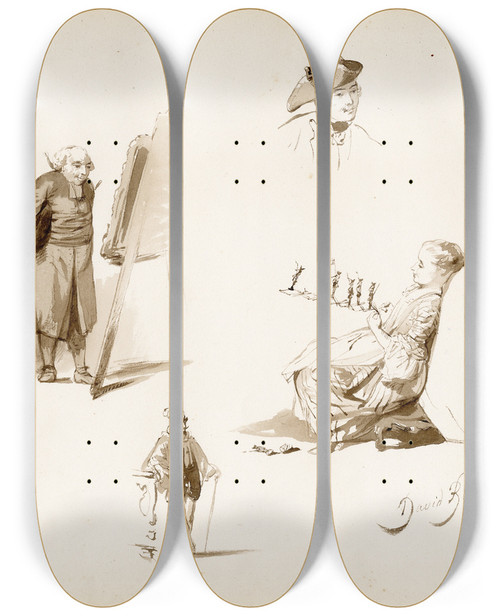 Triptych art skateboard deck of David Bles Several Separate Scenes Man Looking At An Easel Girl With Board Game by David Bles (1821-1899)
