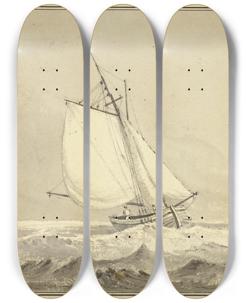 Triptych art skateboard deck of Dominic Serres Sailboat At Sea by Dominic Serres (1722-1793)