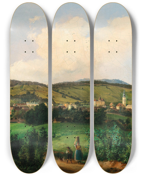 Triptych art skateboard deck of Carl Franz Michael Geyling Vienna A View Of The Church And Barracks In Mauer Seen From Lange Gasse by Carl Franz Michael Geyling (1814-1880)