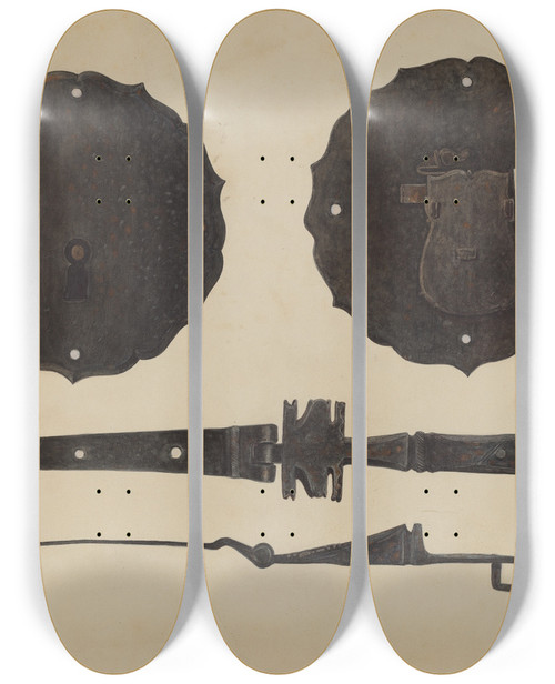 Triptych art skateboard deck of Al Curry Chest Lock With Hasp by Al Curry (20-)