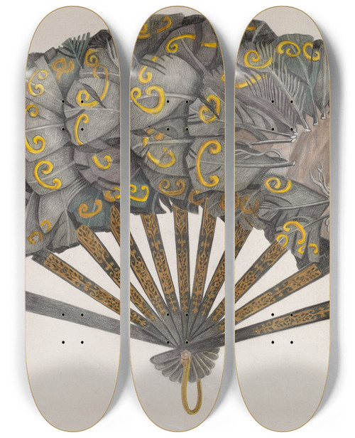 Triptych art skateboard deck of Tulita Westfall Feather Fan by Tulita Westfall