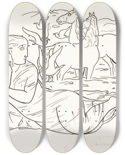 Triptych art skateboard deck of Leo Gestel Schetsblad Met Vrouw Liggend Aan Het Strand Met Twee Paarden En Enkele Zeemeeuwen by Leo Gestel (1881-1941)