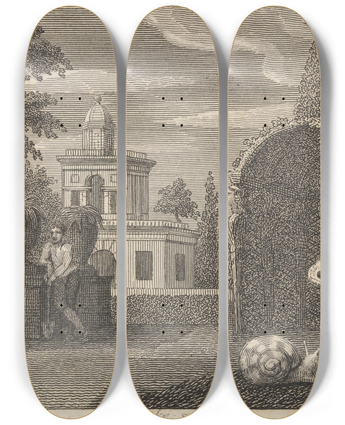 Triptych art skateboard deck of John Wootton Fable Xxiv The Butterfly And The Snail by John Wootton (1686-1765)