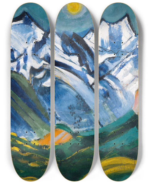 Triptych art skateboard deck of August Babberger Hochgebirgslandschaft Mit Scheerhorn by August Babberger (1885-1936)