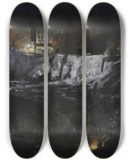 Triptych art skateboard deck of George Wesley Bellows Excavation At Night by George Wesley Bellows (1882-1925)