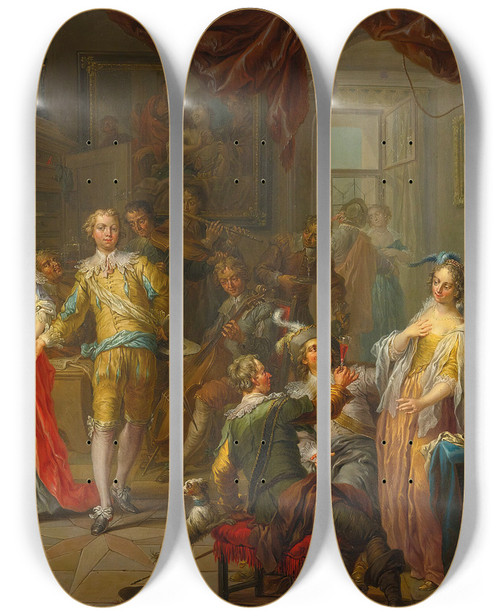 Triptych art skateboard deck of Franz Christoph Janneck An Elegant Company With Figures Playing Musical Instruments And Merrymaking In An Interior by Franz Christoph Janneck (1703-1761)
