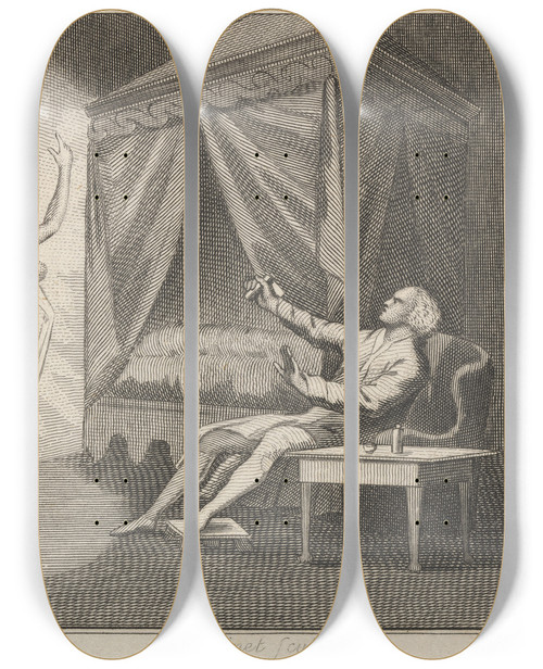 Triptych art skateboard deck of John Wootton Fable Xxxi The Universal Apparition by John Wootton (1686-1765)