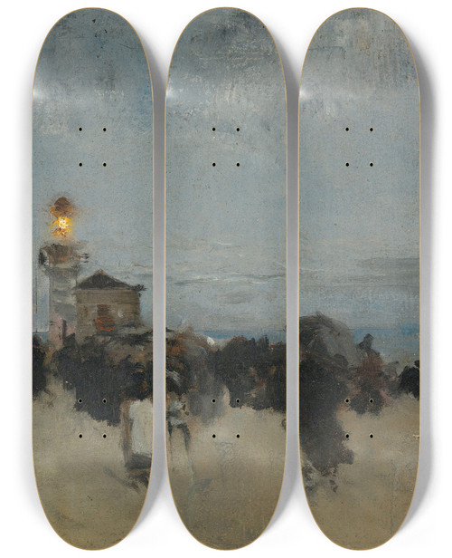 Triptych art skateboard deck of Luigi Loir Figures Near A Lighthouse by Loir Luigi (1845-1916)