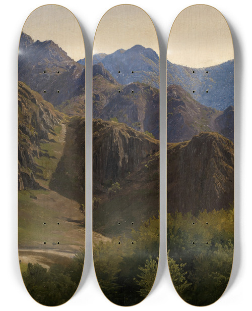 Triptych art skateboard deck of Johann Wilhelm Schirmer Bergketten Bei Altenahr by Johann Wilhelm Schirmer (1807-1863)