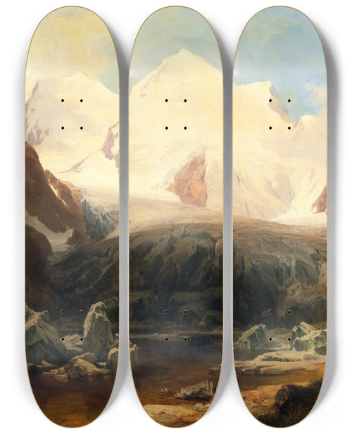 Triptych art skateboard deck of Anton Hansch A View Of A Mountain Lake With Snowcapped Mountains In The Background by Anton Hansch (1813-1876)
