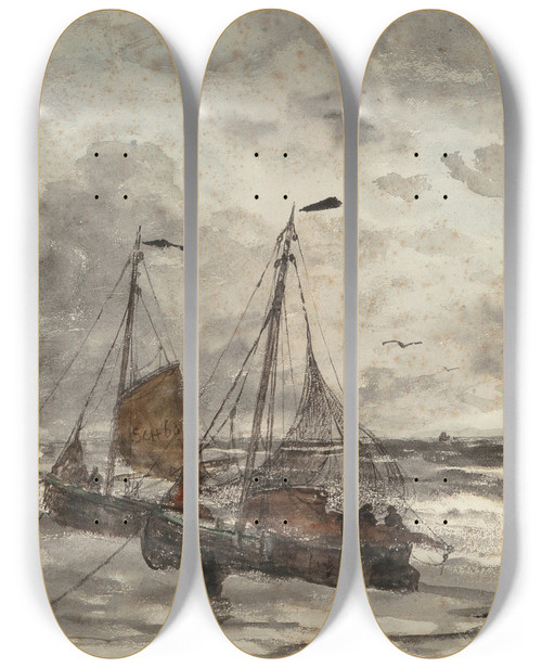Triptych art skateboard deck of Hendrik Willem Mesdag Fishing Boats At Anchor On A Choppy Sea by Hendrik Willem Mesdag (1831-1915)