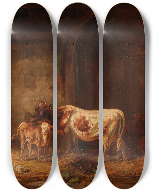Triptych art skateboard deck of Louis Reinhardt Cows And Rabbits In The Barn by Louis Reinhardt (1849-1870)