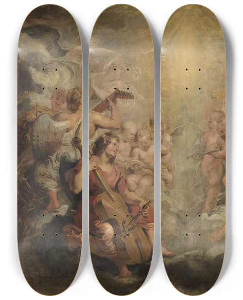 Triptych art skateboard deck of Peter Paul Rubens Music Making Angels by Peter Paul Rubens (1577-1640)