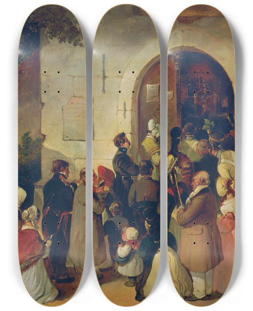 Triptych art skateboard deck of Friedrich Johann Treml Wallfahrer by Friedrich Johann Treml (1816-1852)