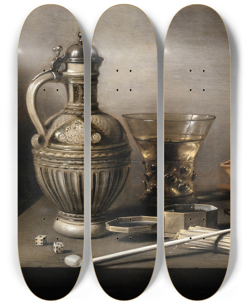 Triptych art skateboard deck of Pieter Claesz Still Life With A Stoneware Jug Berkemeyer And Smoking Utensils by Pieter Claesz (1596-1660)