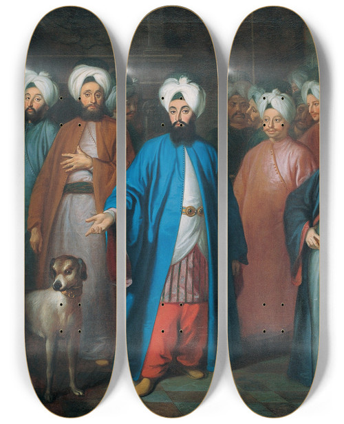 Triptych art skateboard deck of Georg Engelhard Schrder Mehmed Said Efendi And His Retinue by Georg Engelhard Schroder (1684-1750)