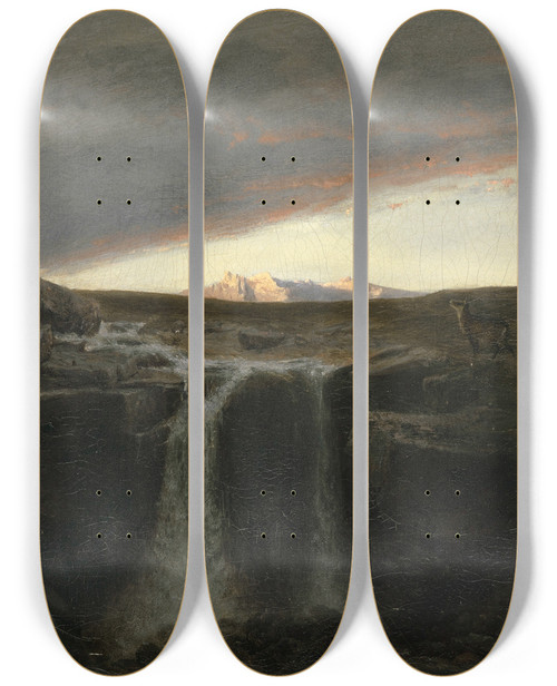 Triptych art skateboard deck of Arnold Bcklin Mountain Landscape With Waterfall by Arnold Bocklin (1827-1901)