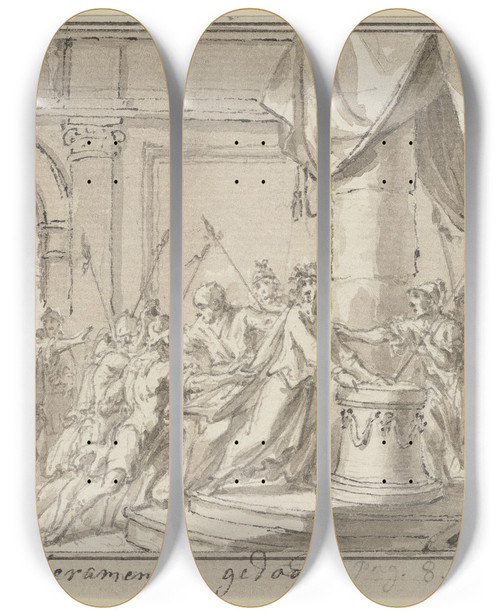 Triptych art skateboard deck of Simon Fokke Der Tod Des Thearmenas by Simon Fokke (1712-1784)