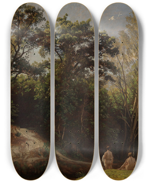 Triptych art skateboard deck of Johann Wilhelm Schirmer An Der Alb Ii Mit Badenden by Johann Wilhelm Schirmer (1807-1863)