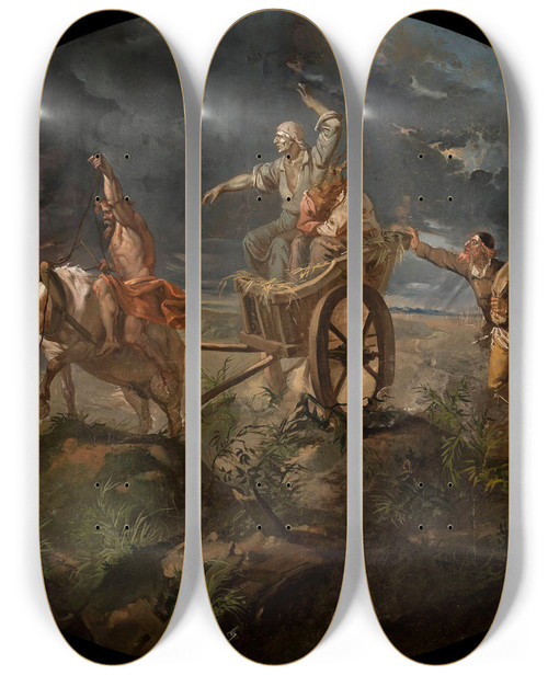Triptych art skateboard deck of Ignacy Gierdziejewski Symbolic Scene Poverty And Misery Come To See Us by Ignacy Gierdziejewski (1826-1860)