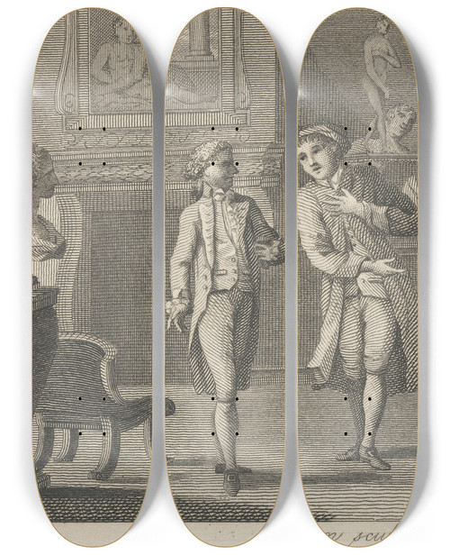 Triptych art skateboard deck of John Wootton Fable Xviii The Painter Who Pleased No Body And Every Body by John Wootton (1686-1765)