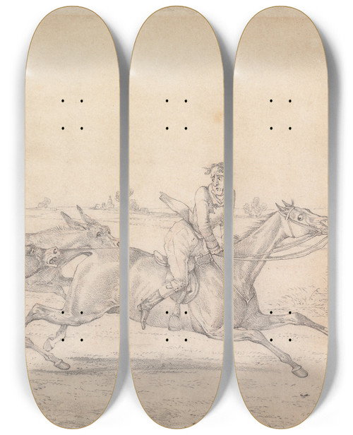 Triptych art skateboard deck of Henry Thomas Alken Sporting Notions I Have A Notion That I Dont Look Unlike Mazeppa by Henry Thomas Alken (1785-1851)