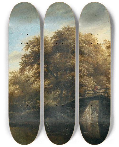Triptych art skateboard deck of Roelof Jansz Van Vries A River Landscape With A Fisherman On A Bridge by Roelof Jansz. van Vries (1631-1681)