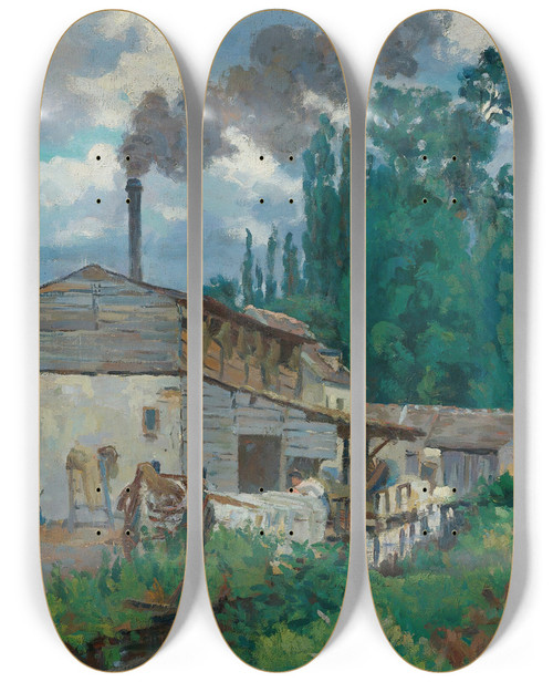 Triptych art skateboard deck of Armand Guillaumin Les Bords De La Bivre by Armand Guillaumin (1841-1927)