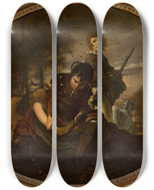 Triptych art skateboard deck of Carel De Moor Ii Preparations Before Crossing The River by Carel de Moor II (1655-1738)