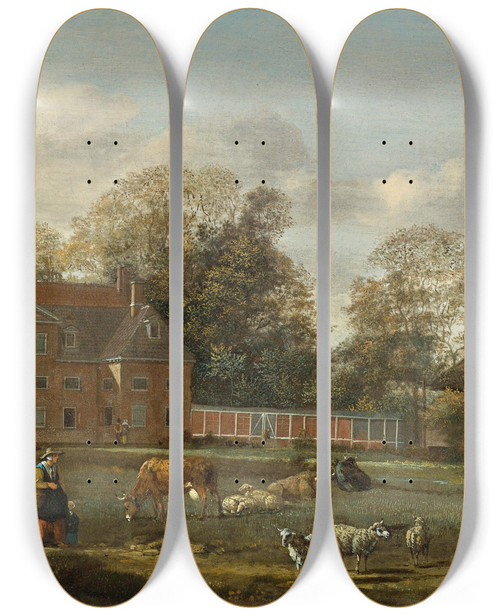 Triptych art skateboard deck of Jan Van Der Heyden View Of Goudestein With A Woman And Child Walking Beside A Dyke by Jan van der Heyden (1637-1712)