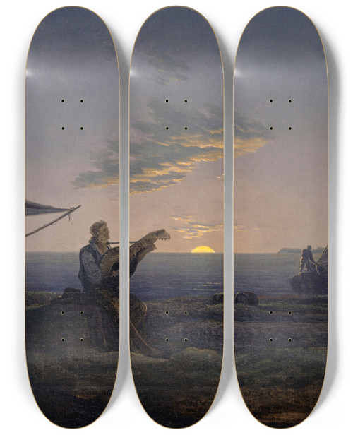 Triptych art skateboard deck of Carl Gustav Carus Moon Rising Over The Sea by Carl Gustav Carus (1789-1869)