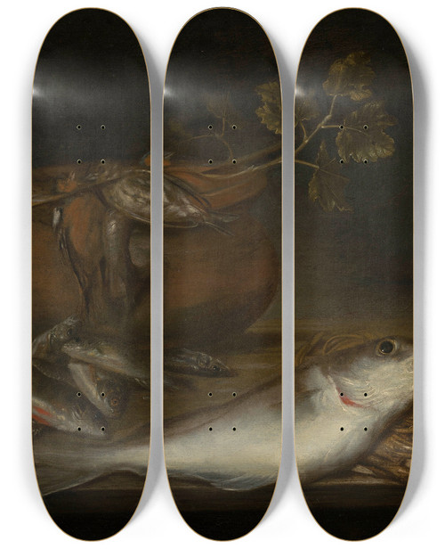 Triptych art skateboard deck of Pieter Van Schaeyenborgh Stilleven Met Vissen Vogels En Een Kat by Pieter Van Schaeyenborgh