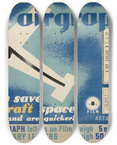 Triptych art skateboard deck of Austin Cooper Send Airgraphs They Save Aircraft Space And Are Quicker by Austin Cooper (1890-1964)