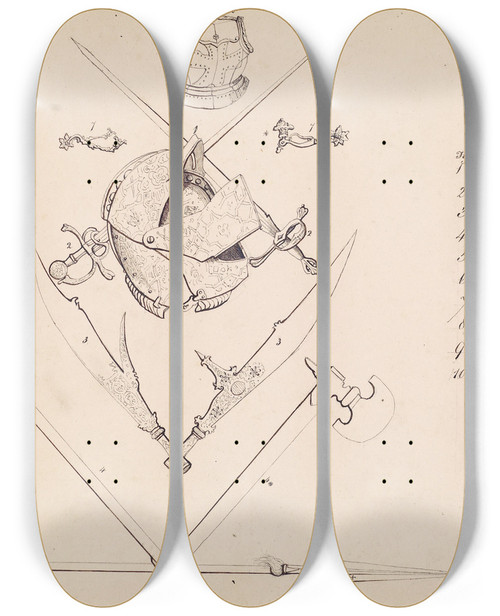 Triptych art skateboard deck of Sir John Everett Millais Sketches Of Armour Study For Henry Viii_1 by Sir John Everett Millais (1829-1896)