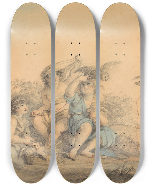 Triptych art skateboard deck of Lady Diana Beauclerk Children With Pet Owls by Lady Diana Beauclerk (1734-1808)