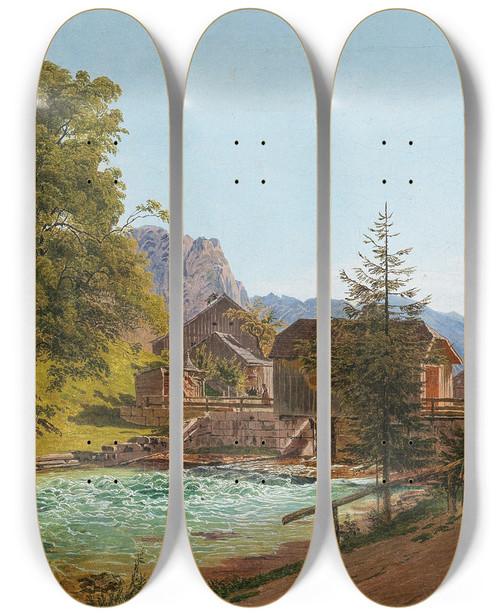 Triptych art skateboard deck of Jacob Alt Wanderer In The Salzkammergut The Grundlsee Lake Dam With The River Traun In The Background On The Left The Backenstein by Jakob Alt