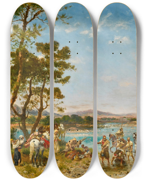 Triptych art skateboard deck of Georges Washington Crossing The Wadi by Georges Washington (1827-1901)
