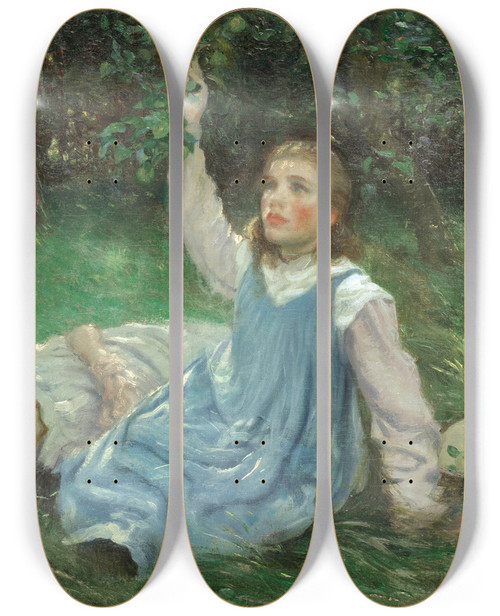 Triptych art skateboard deck of Peter Hansen Summer Afternoon Apple Picking_1 by Peter Hansen (1868-1928)