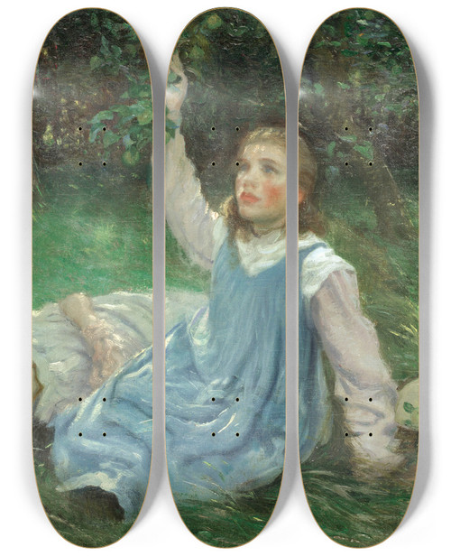 Triptych art skateboard deck of Peter Hansen Summer Afternoon Apple Picking_2 by Peter Hansen (1868-1928)