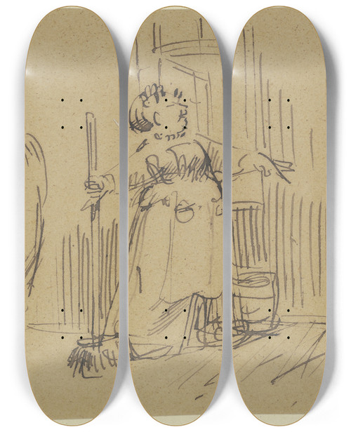 Triptych art skateboard deck of Wilhelm Busch Frau Knopp Beim Hausputz by Wilhelm Busch (1832-1908)