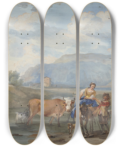 Triptych art skateboard deck of Aert Schouman Hirten Treiben Khe Durch Ein Wasser Links Trgt Eine Frau Ihr Kind Auf Dem Rcken Rechs Reitet Eine Andere Auf Einem Esel by Aert Schouman (1710-1792)