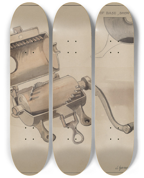 Triptych art skateboard deck of J Howard Iams Sausage Grinder by J Howard Iams (20-)