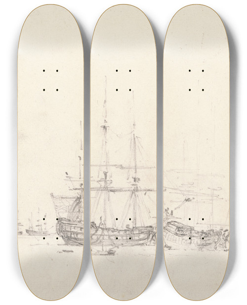 Triptych art skateboard deck of John Constable Two Ships At Anchor by John Constable (1776-1837)