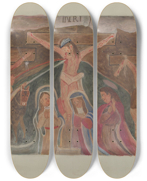 Triptych art skateboard deck of William Herbert Station Of The Cross No 12 Jesus Dies Upon The Cross by William Herbert