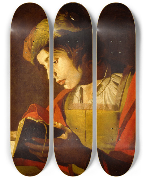 Triptych art skateboard deck of Matthias Stom A Young Man Reading By Candlelight by Matthias Stom (1600-1650)