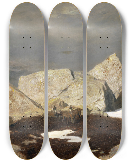 Triptych art skateboard deck of Arnold Bcklin High Mountain Landscape With Chamois by Arnold Bocklin (1827-1901)