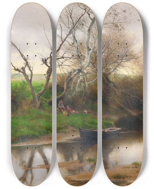 Triptych art skateboard deck of Emilio Snchezperrier A Quiet Stretch Of River by Emilio Snchez-Perrier (1855-1907)