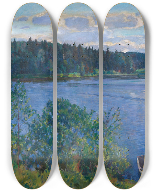 Triptych art skateboard deck of Sergei Arsenievich Vinogradov The Lake by Sergei Arsenevich Vinogradov