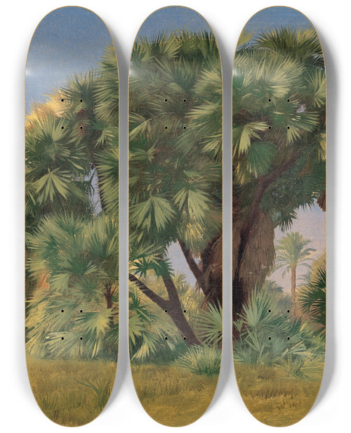 Triptych art skateboard deck of Jeanlon Grme Study Of Palm Trees by Jean-Lon Grme (1824-1904)